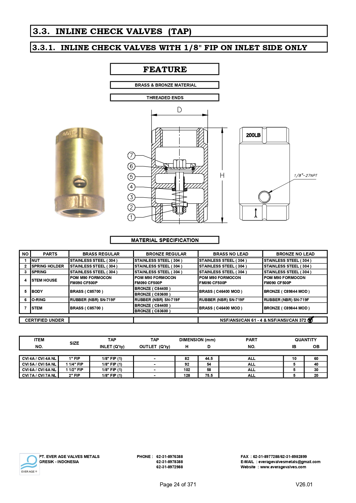 INLINE CHECK VALVES (TAP) -  CVI 4A - CVI 7A